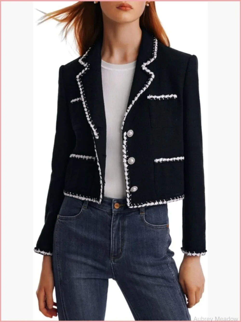Cropped Tweed Blazer with Pearl Buttons Business Casual Suit Jacket
